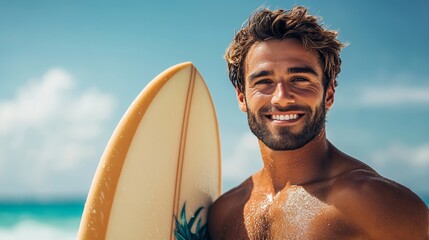 Man with a surfboard is smiling and posing for a picture. Concept of happiness and enjoyment, as...