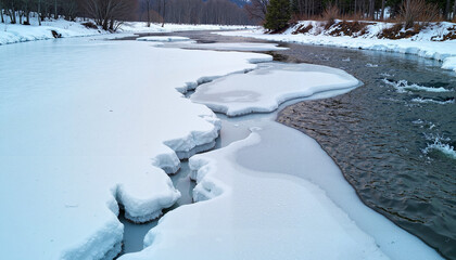 Obraz premium Jagged ice edges crumble along the melting riverbank, creating a dramatic contrast between the frozen and thawed elements of nature.