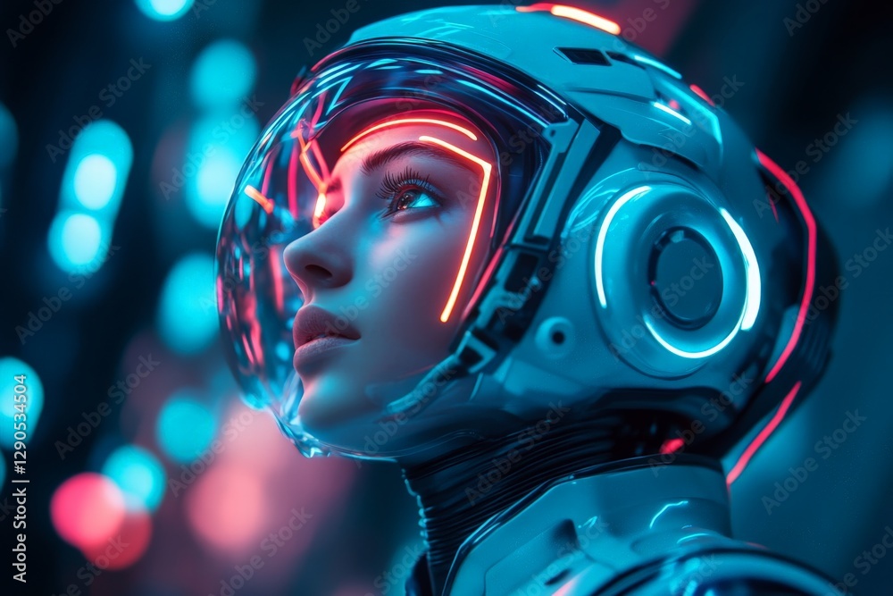 Poster Futuristic astronaut in neon-lit environment gazes thoughtfully into the distance, exploring unknown realms of space exploration