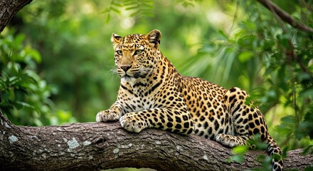Obraz premium A Leopard Lounging on a Tree Branch in a Lush South African Rainforest. Highlight Its Sleek, Spotted Fur, Piercing Eyes, and Relaxed Posture