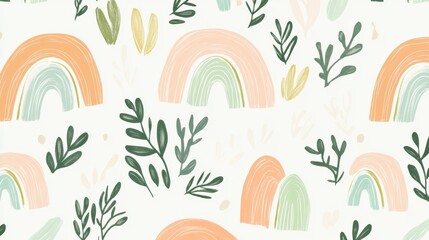 Pastel rainbows and greenery pattern on light background