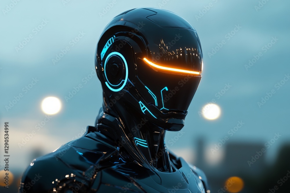 Poster Futuristic robot stands under city lights during twilight, showcasing advanced design and technology