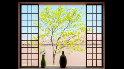 Japanese window view, spring blossoms, serene garden