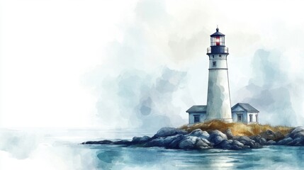 Serene lighthouse on rocky shore with misty sky and calm waters