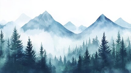 Fototapeta premium Serene mountain range with misty forest and fir trees in watercolor style