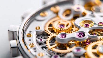 Close-up of intricate watch mechanism, gears interlock, precision engineering, background is blurred, for luxury advertising