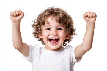 Happy child with raised fists and joyful expression on a white background. Childhood and success concept
