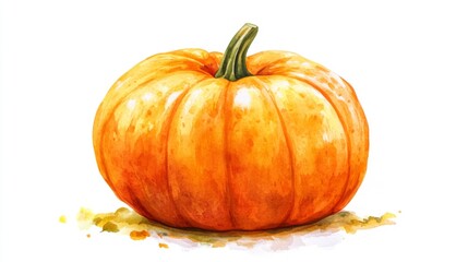 Vibrant orange pumpkin with stem on white background