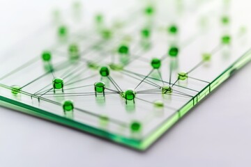 Abstract network visualization with green nodes connected by thin lines on a glass surface.