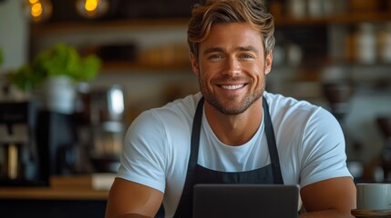 Man with a smile on his face is sitting at a table with a tablet and a cup of coffee