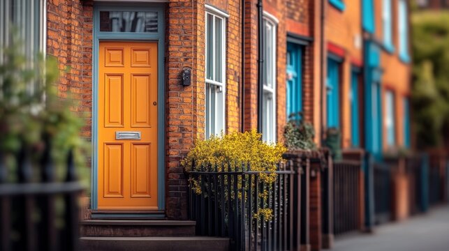 Yellow door with a white trim sits in front of a brick building. The door is the only bright color in the scene, which gives the impression of a warm and welcoming atmosphere - Powered by Adobe
