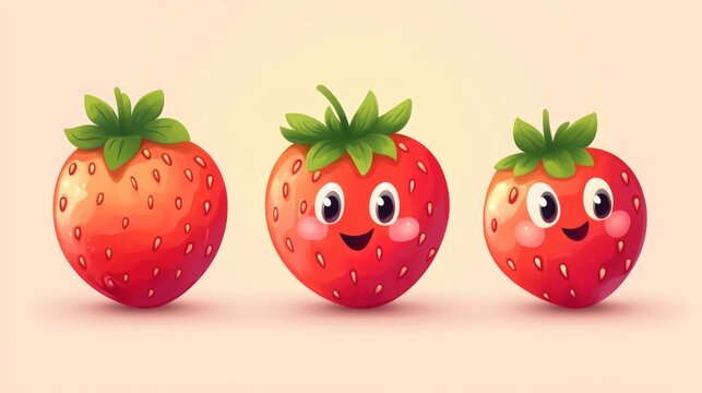 Three cute animated strawberries with smiling faces and green leaves