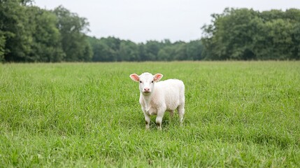 Fototapeta premium White calf in grassy field, trees background, rural farm scene