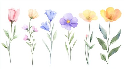 Colorful watercolor wildflowers on white background