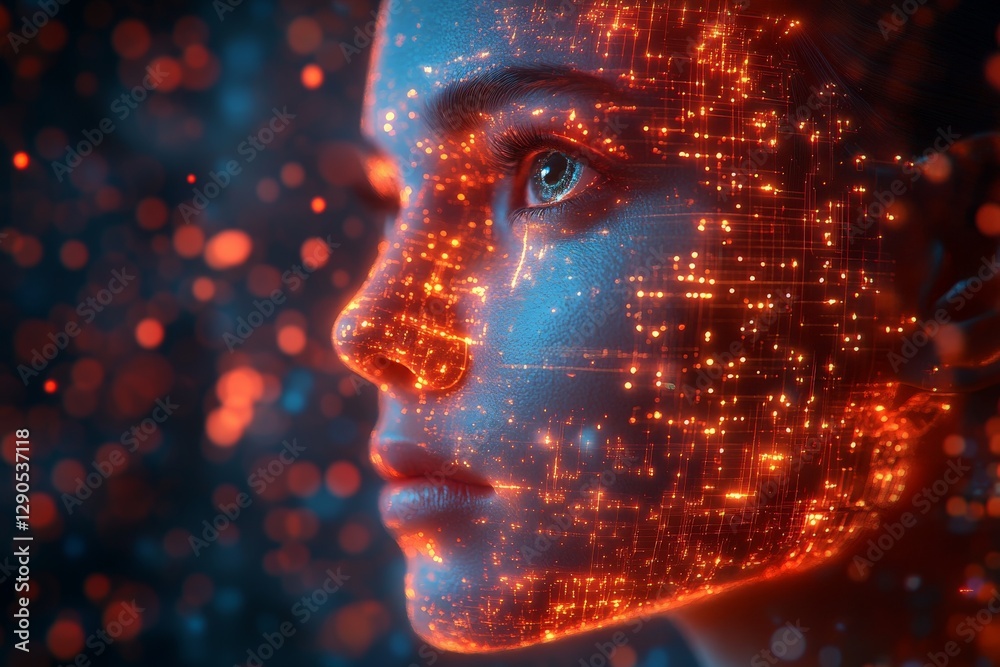 Aufkleber Human face illuminated by abstract lights in a digital setting, exploring technology and artificial intelligence concepts