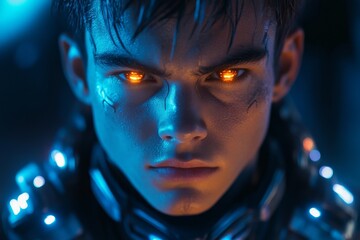 Futuristic character with glowing eyes engages in a sci-fi setting, showcasing intricate details and advanced technology