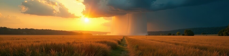 Golden field, heavy rain clouds advancing, dam reflecting the light , scenic, picturesque