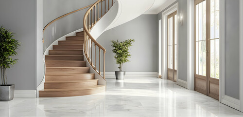 Fototapeta premium Gray Entry Hall with Curved Stairs and White Marble Flooring.