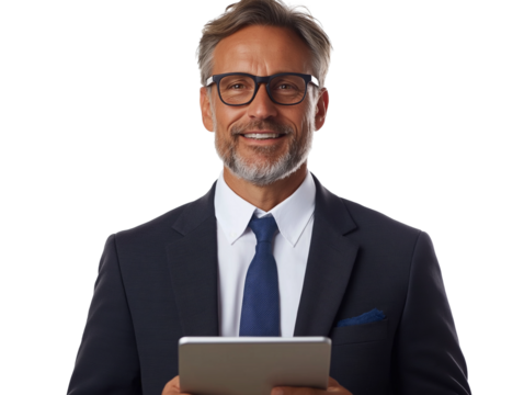 a smiling businessman holding a tablet. - Powered by Adobe