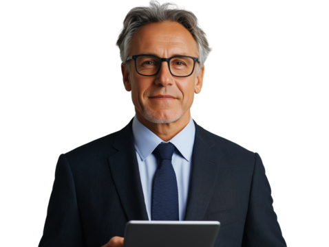 a mature businessman in a suit holding a digital tablet.