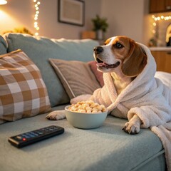 Fototapeta na wymiar Beagle dog in a bathrobe watching TV with popcorn on a couch
