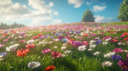 Vibrant Field Filled With Colorful Flowers and Fluffy Clouds Under a Bright Blue Sky During a Sunny Day in Spring