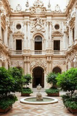 Obraz premium Ornate building in the background with a fountain in the courtyard in the foreground