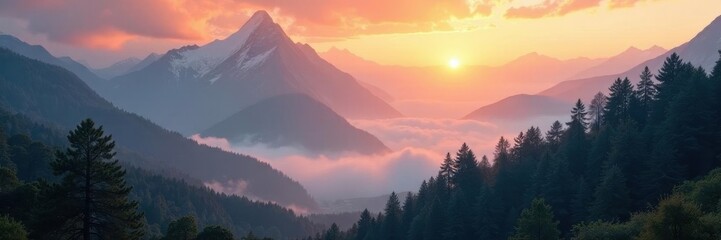 Obraz premium Misty sunrise paints Carpathian peaks, ethereal light filters through ancient trees , ethereal, sunbeams, mystical
