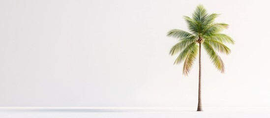 Obraz premium Coconut palm tree stands alone on a clean white background with lush green fronds on the left side casting a soft shadow on the ground.