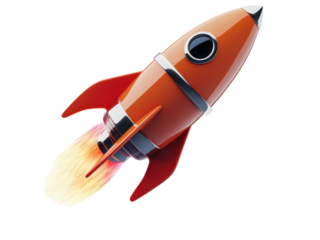 Orange Rocket Ship Launching into Space: A 3D Render of a Retro-Style Rocket Ascending with Fiery Exhaust