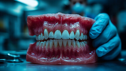 Obraz premium Detailed prosthetic teeth examination in a dental laboratory setting