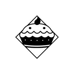 Cupcake vector image, black and white, stylized with an outline, and enclosed in a diamond-shaped frame.