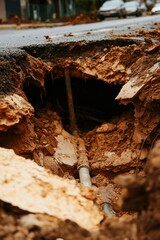 Fototapeta premium Broken asphalt showing underground pipes after road damage. Use civil engineering