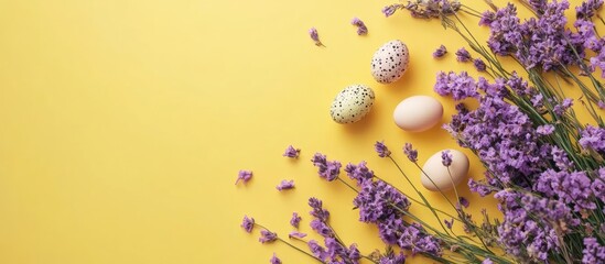 Fototapeta premium Bright yellow background with scattered purple flowers and pastel-colored eggs on the left side, creating a minimalist Easter composition.