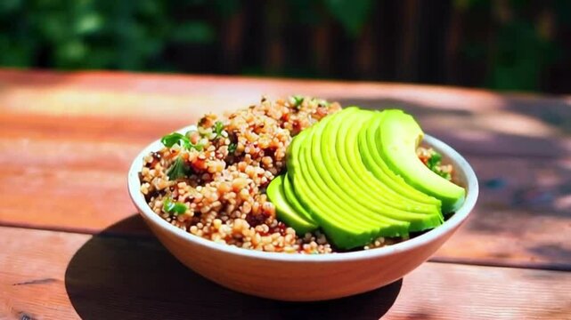 Quinoa and avocado bowl being served