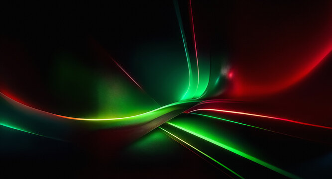 Abstract image with vibrant green and red flowing lines against a dark background.  The curved, luminous streaks create a dynamic and modern visual effect.
