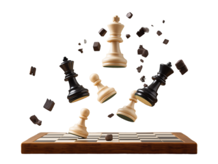 chess pieces flying over a chessboard.
