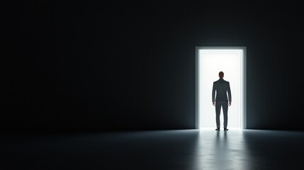 Obraz premium Businessman standing in front of an open doorway with bright light. Opportunity and career growth concept