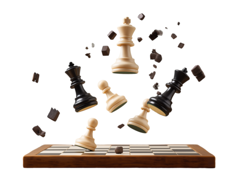 chess pieces flying over a chessboard.