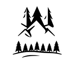 Obraz premium Black and white illustration of mountains with pine trees in a minimalist style