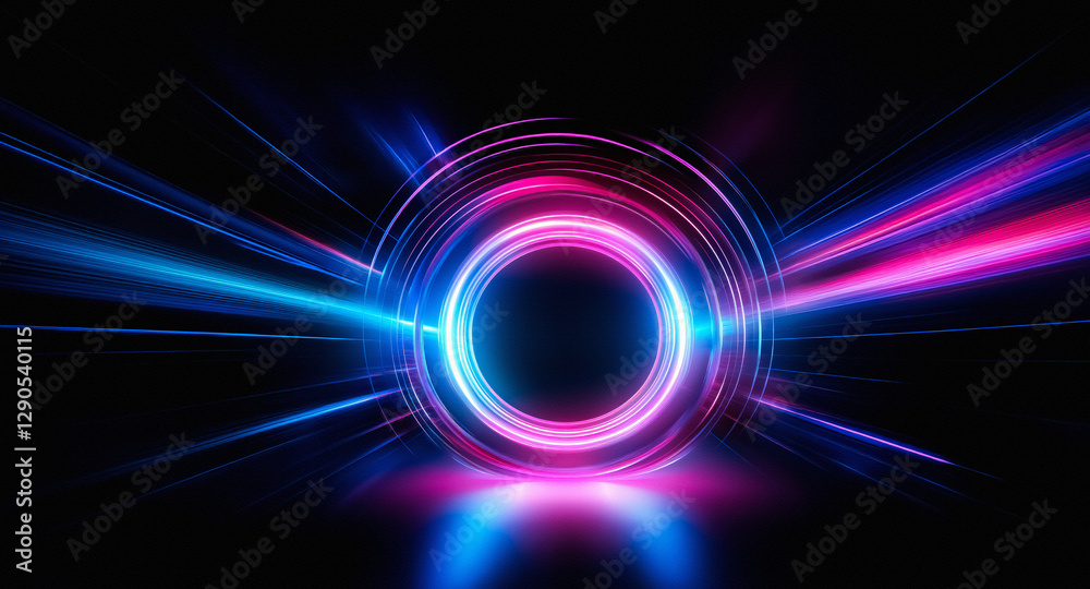 Canvas Prints abstract glowing circle with vibrant pink and blue light rays emanating outwards on a dark backdrop.