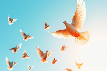 Fototapeta premium Doves fly to the bright sunlight, symbolizing peace and hope. Stock use