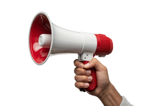 a hand holding a megaphone, isolated.