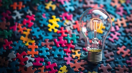 Illuminating Solutions: A Glowing Lightbulb Amidst a Colorful Puzzle