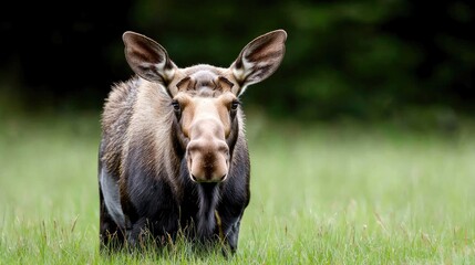 Fototapeta premium Moose in meadow, forest background. Wildlife nature photography for websites