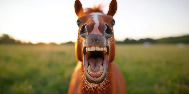 Laughing horse with open mouth in a grassy field