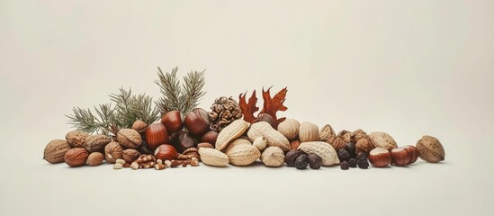 Various nuts and seeds arranged artfully on a light beige background with pine accents and autumn leaves, showcasing diverse textures and colors.