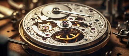 Intricate watch movement displayed in a watchmaker's workshop with golden gears and silver components on a wooden desk blurred in background