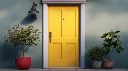 Fototapeta premium Yellow door with a white trim sits in front of a blue wall. The door is surrounded by potted plants, including a red one and a green one. Concept of warmth and welcoming, as the yellow door