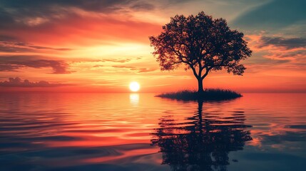 Solitary Tree Silhouette at Sunset Over Calm Waters